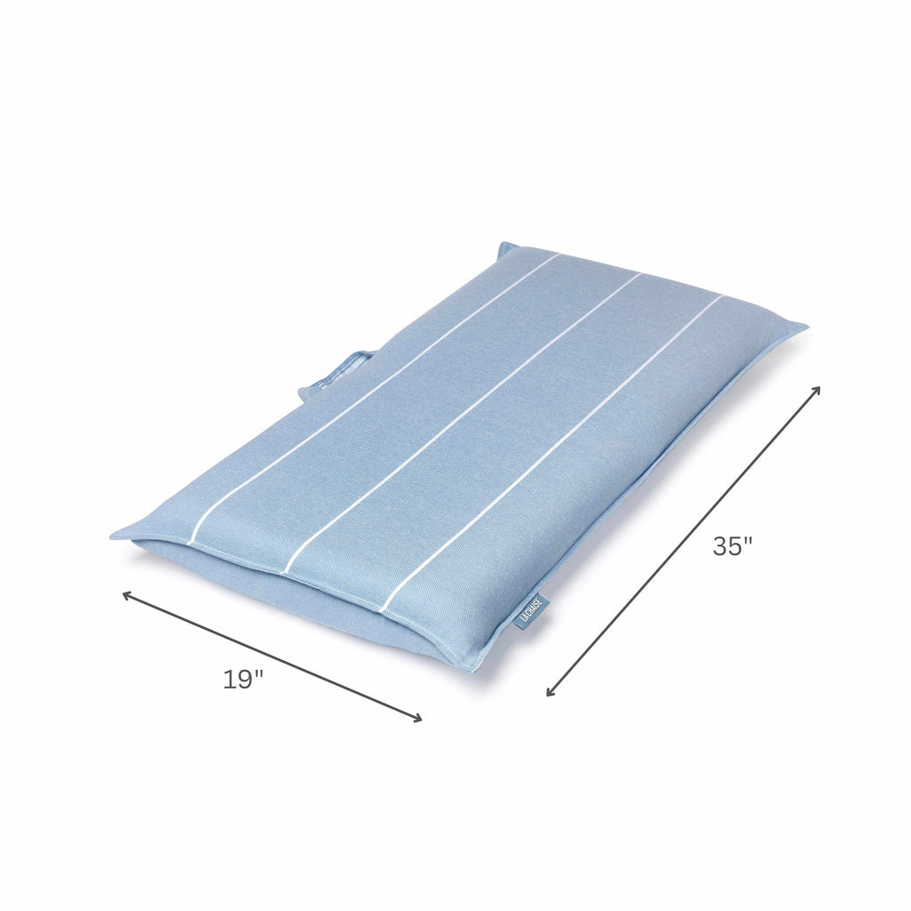 Foldable blue beach chair with dimensions labeled 35 inches by 19 inches