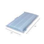 Foldable blue beach chair with dimensions labeled 35 inches by 19 inches