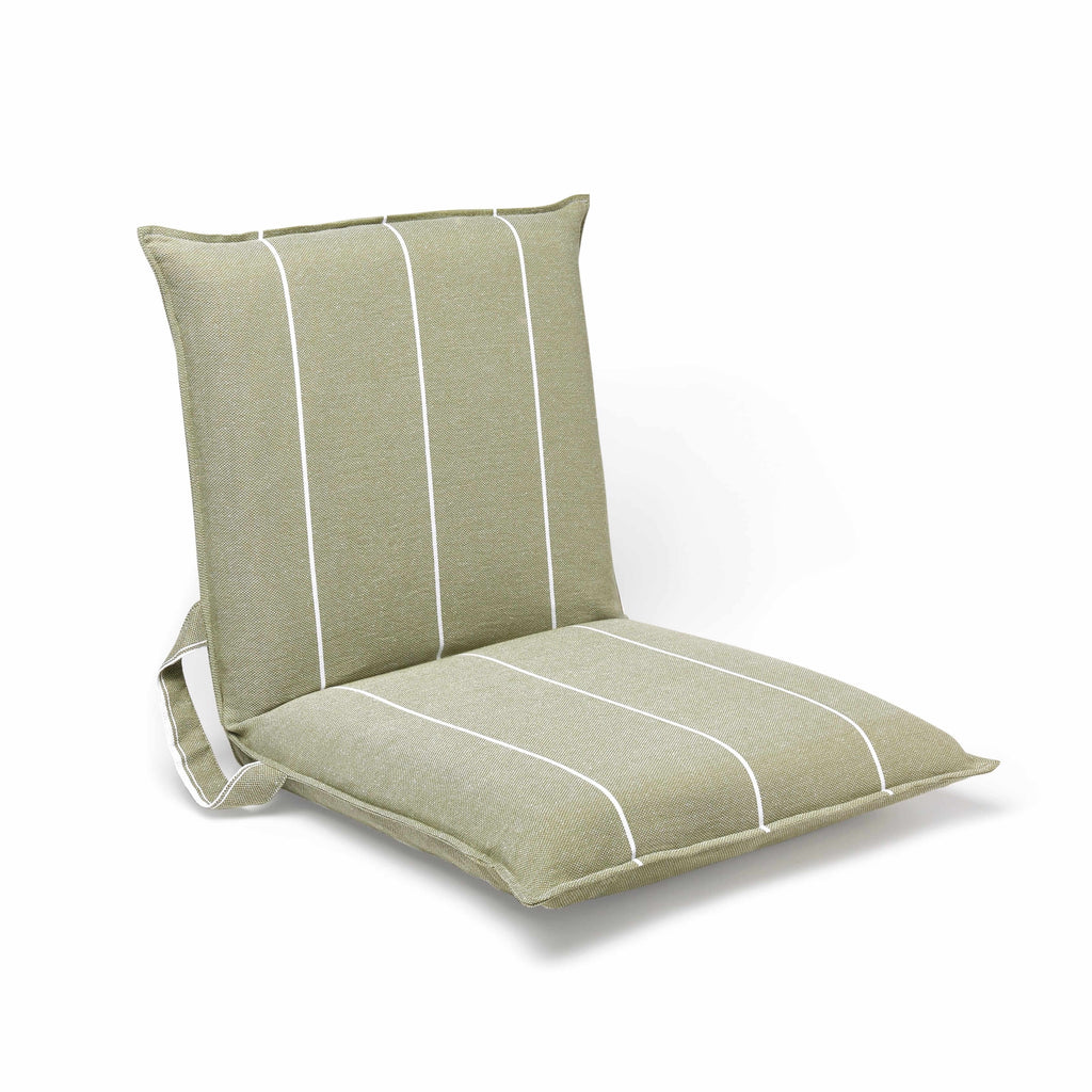 Angled profile of green folding chair, ideal for sunbathing or reading outdoors