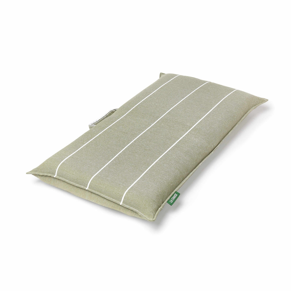 Cushioned green portable and durable seat shown folded flat for outdoor lounging