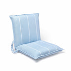 Front-facing light blue cushioned chair for the beach with white pinstripes