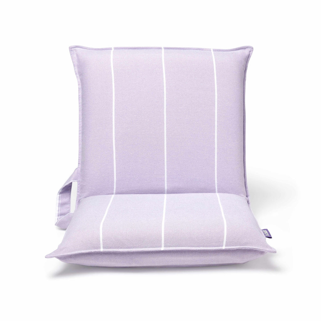 Front look at purple beach chair with minimalist stripe design