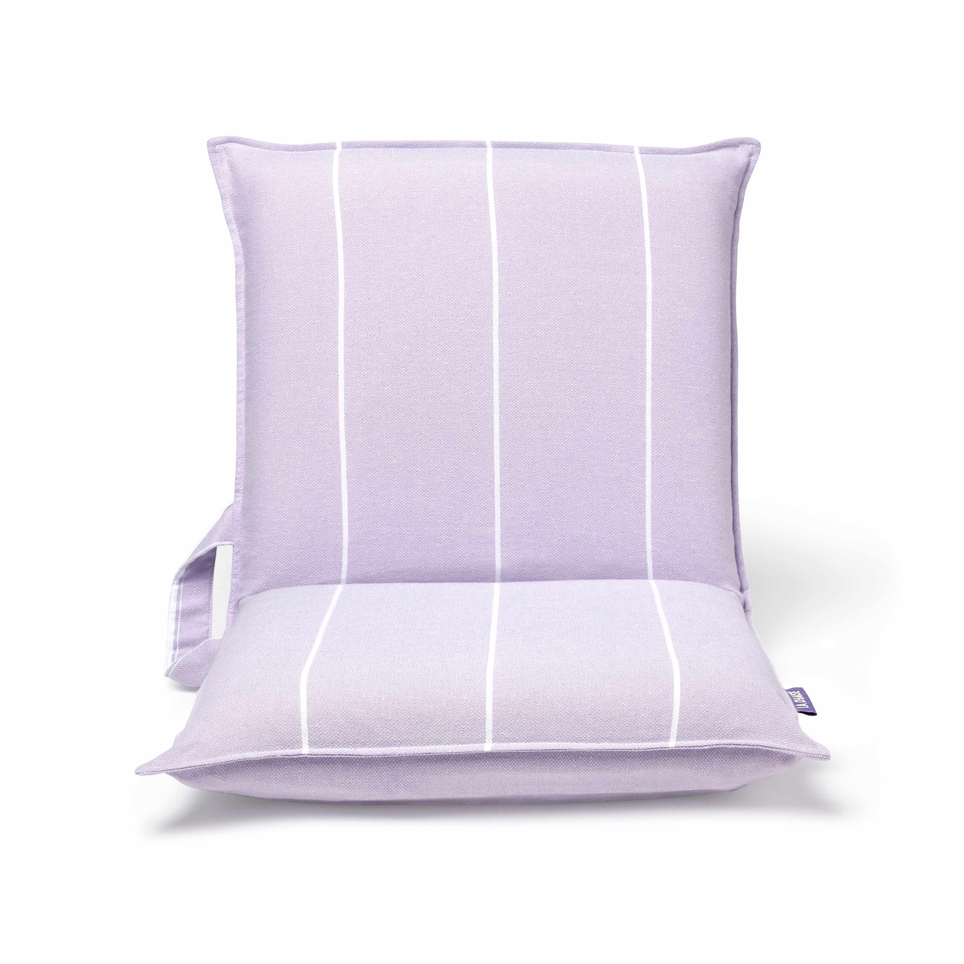 Front look at purple beach chair with minimalist stripe design