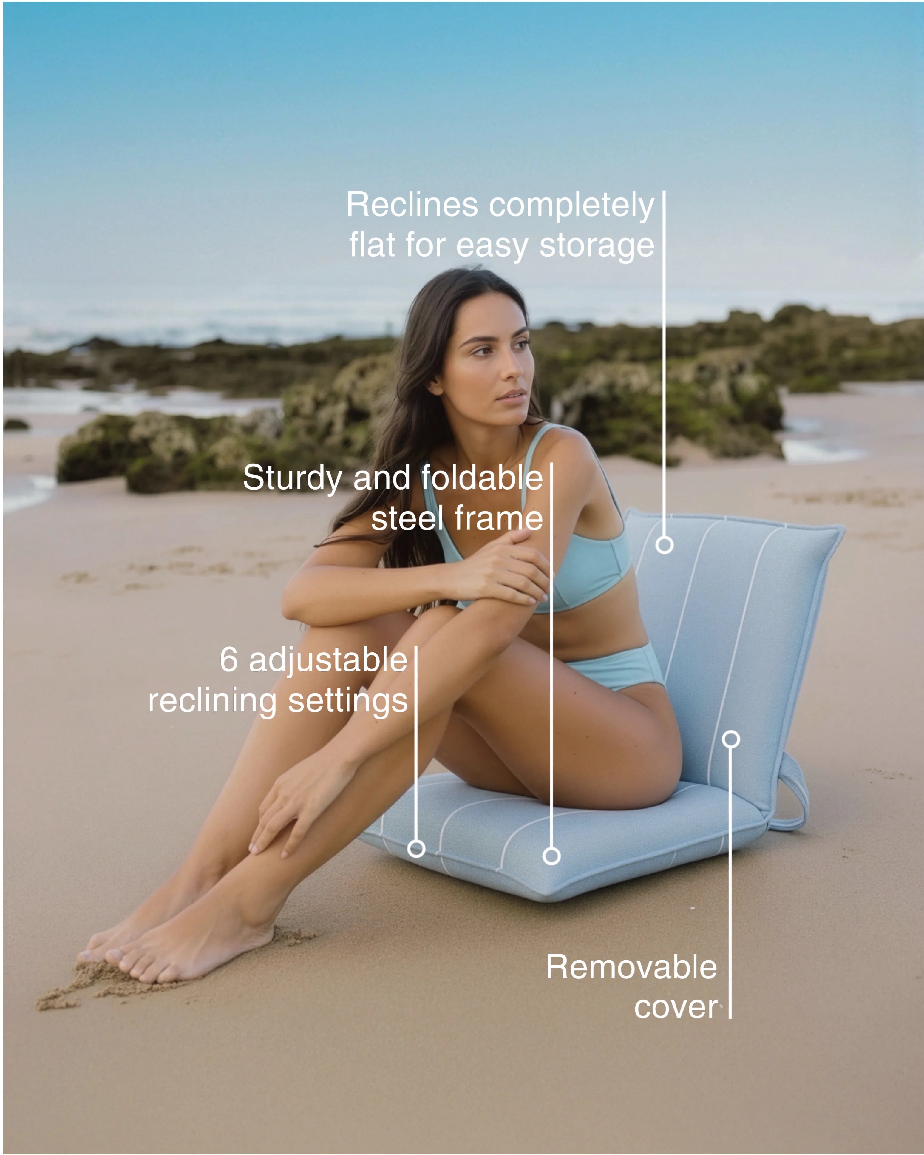 Portable reclining beach chair by La Chaise with 6 adjustable positions, removable cover, and foldable steel frame